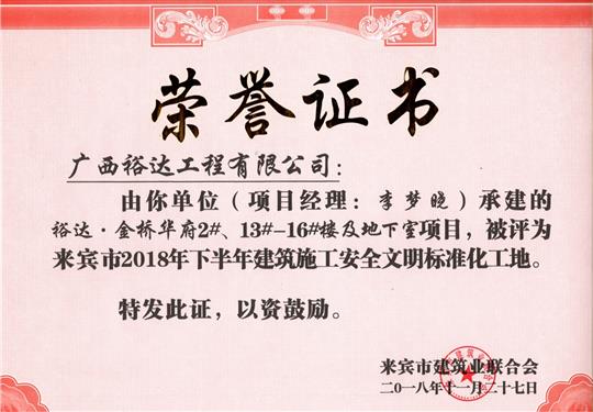 来宾市2018年下半年安全文明标准化工地（华体会电竞竞猜-华体会电子竞技登录地址
。金桥华府2#、13#-16#楼及地下室）
